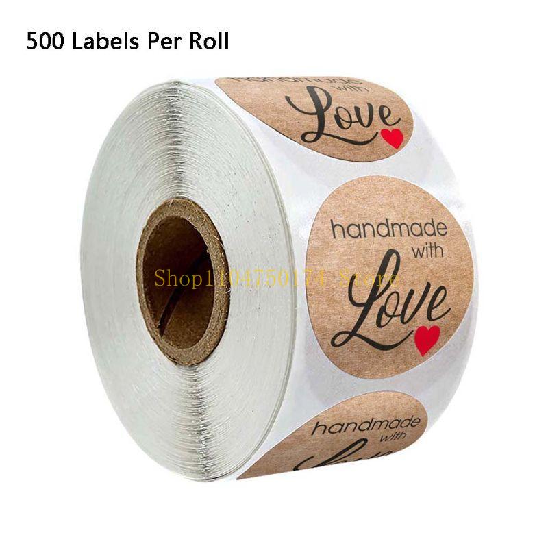 500pcs/roll Kraft Handmade with Love Heart Stickers Seal Labels Scrapbooking Decoration top sale