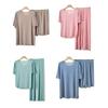 Women's Ice Silk Pajama Set Pullover Short Sleeve T-shirt And Pants Casual PJs Set Summer 2 Piece Loungewear