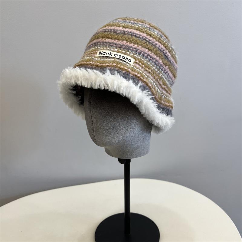College Style Colored Stripes Contrasting Colors Knitted Bucket Hat Women Autumn and Winter Warm Ear Protection Plush Edge Basin Hat