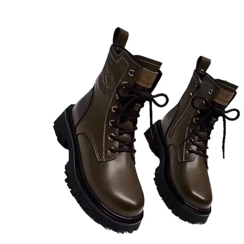 Fashion Soft Leather Motorcycle Boots Women's Autumn Winter New Style British Style Thick Bottom Low Heel Versatile Retro Short Boots