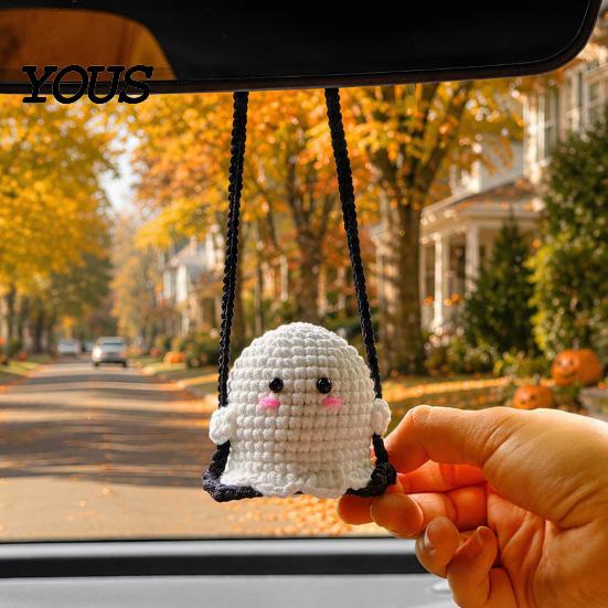 Handmade Aesthetic Car Decor Cute Crochet Ghost Ornaments, Mini Knitted Doll, Hanging Accessory Decorative Rearview Mirror for Auto Interior