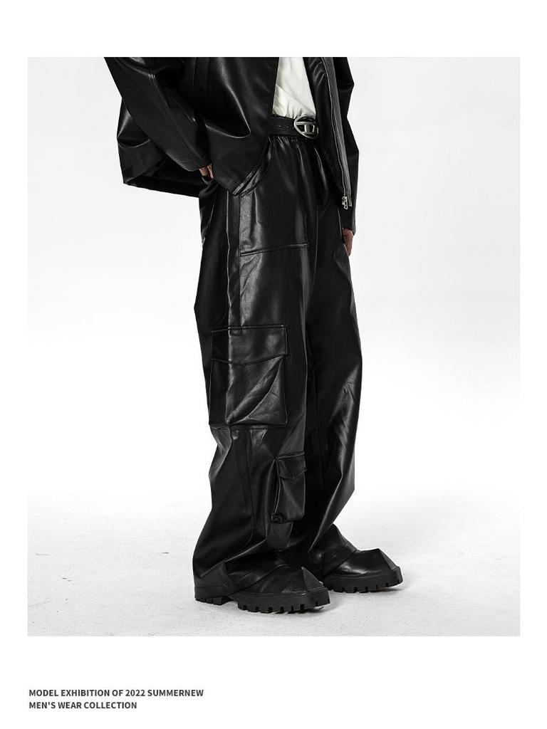 Men's Autumn West Coast Hip-Hop Punk Multi-Pocket Leather Pants