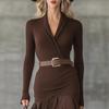 Women'S Autumn Solid Color Splicing V-Neck Long Sleeve Dress Long Dress Large Swing Dress