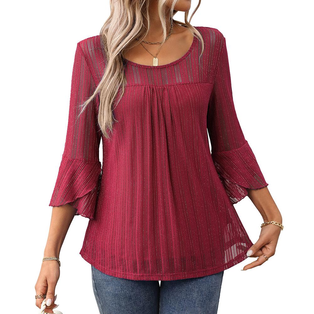 

Elegant and Fashionable Round Neck Ruffle Sleeves Sparkling Mesh Top Women s T-shirts S красный