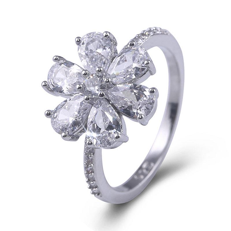 Fashion White Crystal Wedding Rings for Women Silver Color Flower Floral Shaped Engagement Bridal Luxury Party
