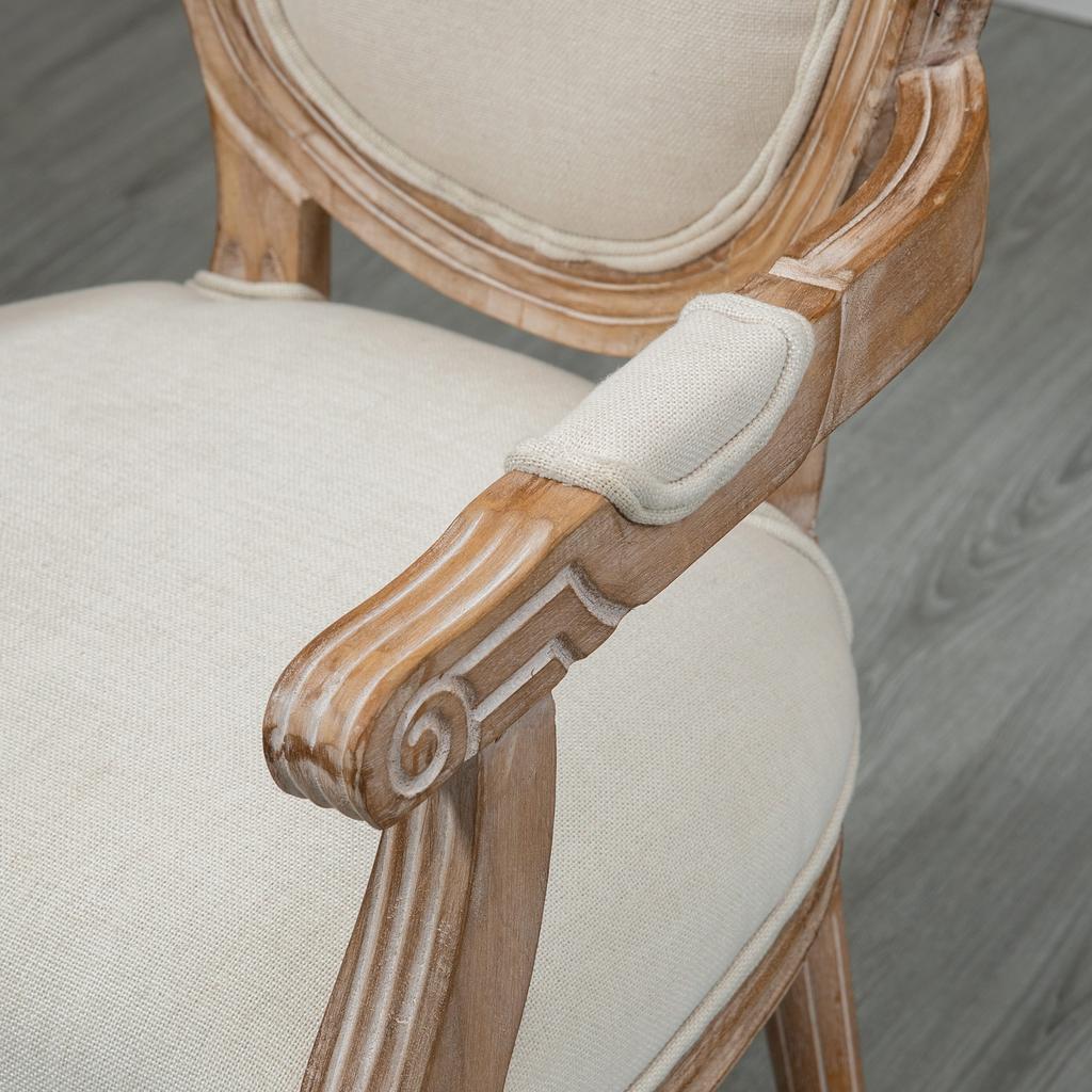 Dining Chair, Medallion Louis XVI Style, Carved Wood, Cream Linen