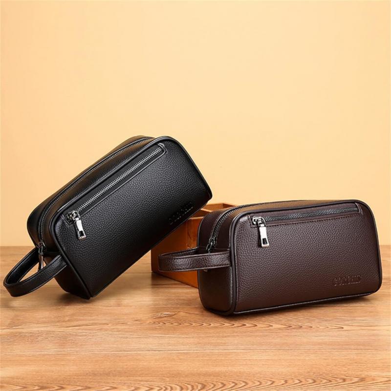 Men's Leather Clutch Bag Black Business Casual Multi Pocket Handbag 23x9x13cm Durable Stylish Design
