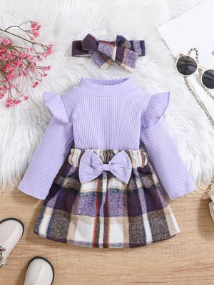 Autumn Trendy Girls' Two-Piece Set: Striped Top & Plaid Skirt