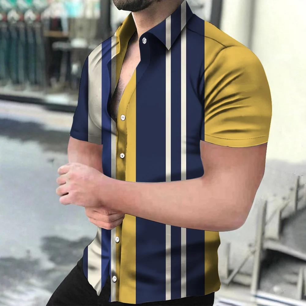 Holiday Beach Striped 3D Print Men Tops Man/Women Casual Fashion Short Sleeves Shirt Lapel Button Shirt Oversized Unisex Clothes
