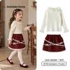 Keying Girls Vintage Sweet Burgundy Strawberry Dot Winter Outfit