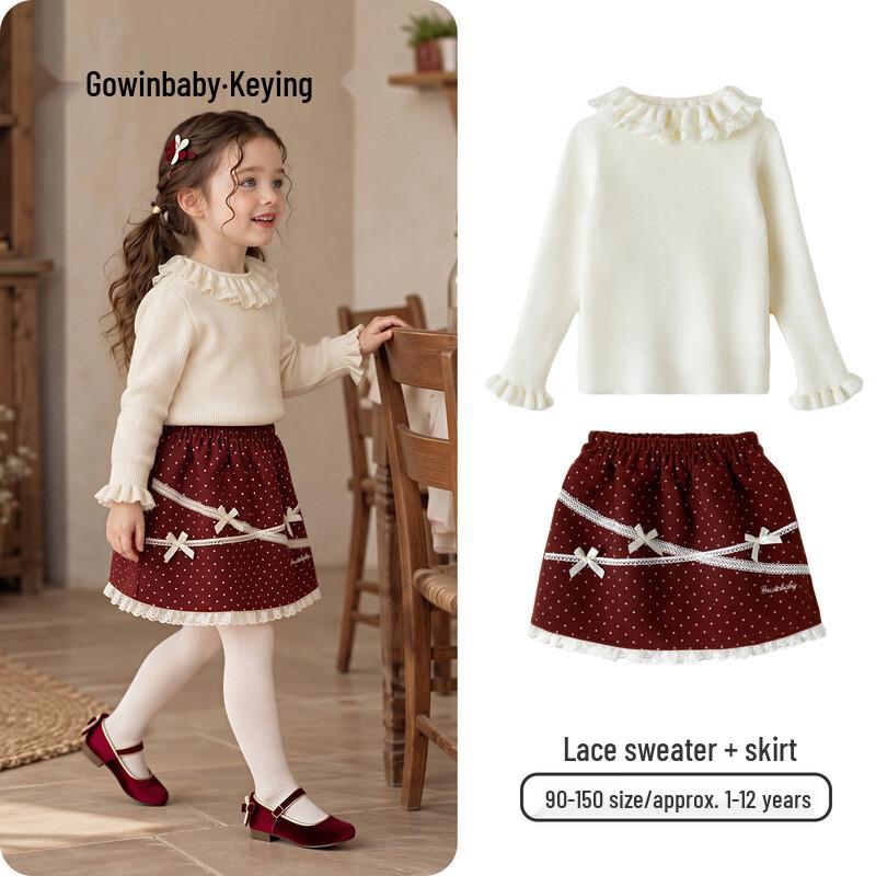 Keying Girls Vintage Sweet Burgundy Strawberry Dot Winter Outfit