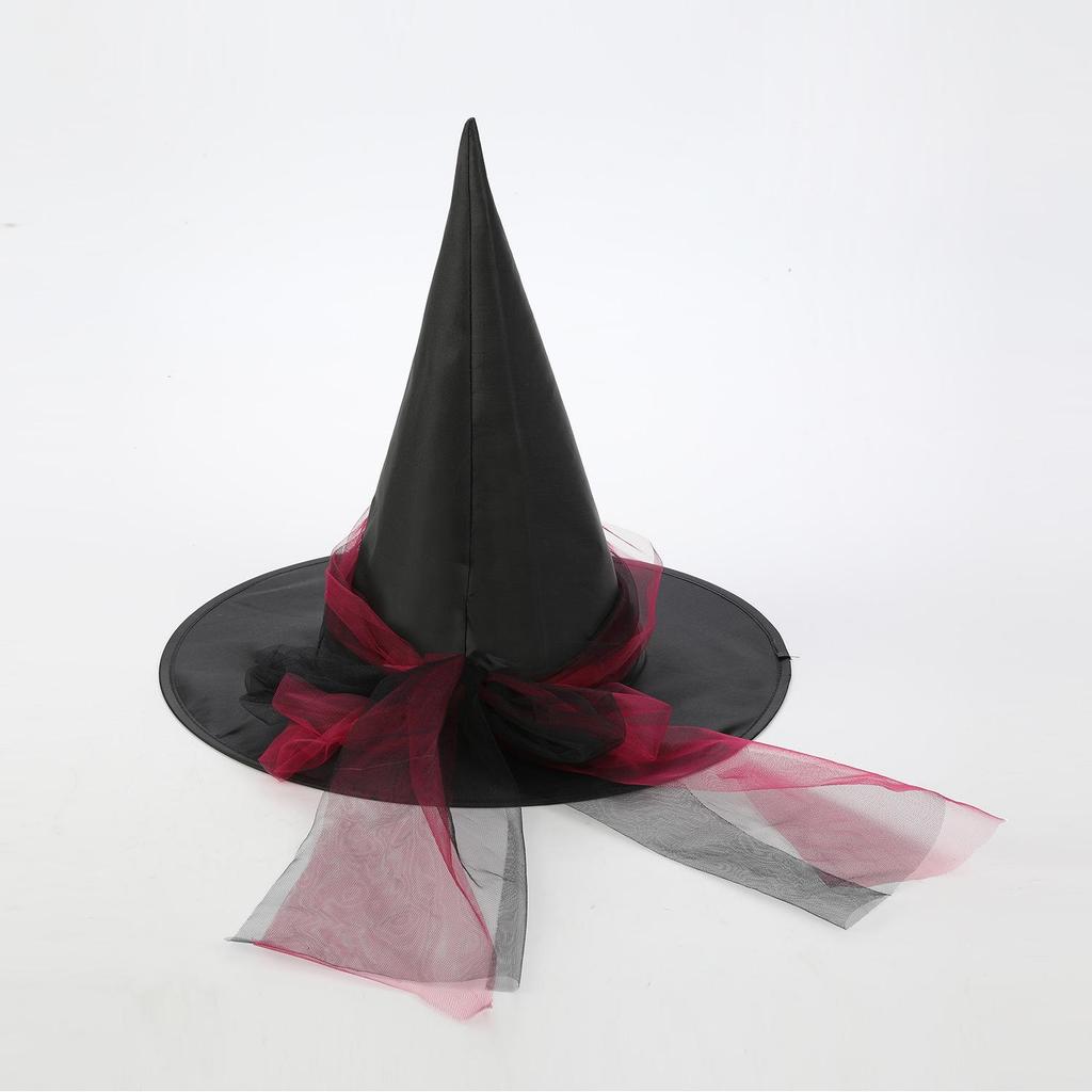 European & American Halloween Lace-up Witch Hat - Black Oxford Cloth Pointed Wide-Brim