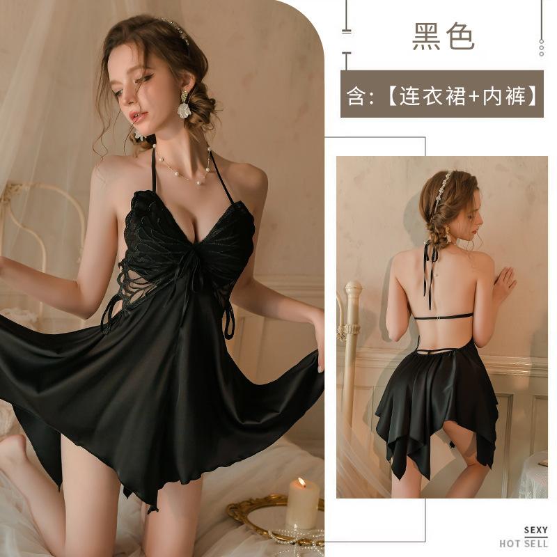 Sex underwear women s backless pajamas ice silk loungewear French suspender bow gathering plus chest pad nightdress One size fits all чёрный