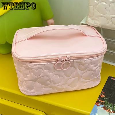 Solid Color Bright Surface Sweet Makeup Bags Women's Love Heart Pattern Large Capacity Portable Travel Wash Handbags