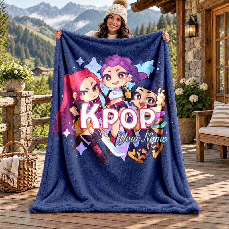 Kpop Demon Hunters Custom Name Flannel Blanket Personalized Soft Warm Plush Throw Blanket Customized Gift for Family Friends