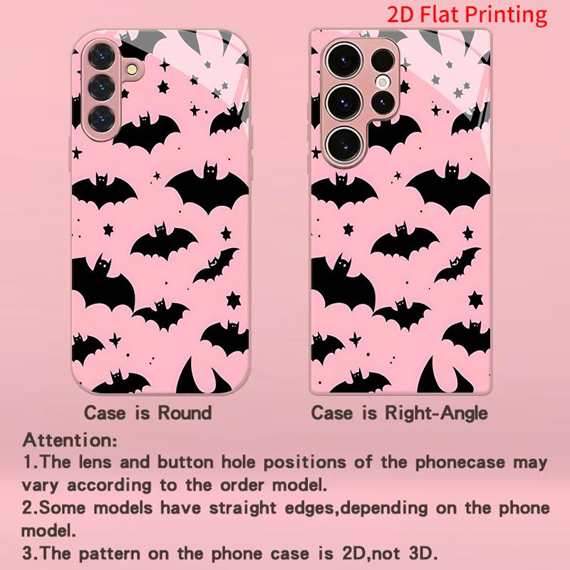 2DFlat Samsung electroplated tempered glass phone case,Cute Bat Pattern Phone CaseSuitable for Galaxy S26 S23 S24FE S25ULTRA S22 S21