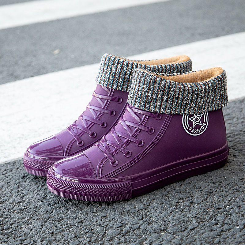 Stylish Warm Womens Galoshes Rain Shoes with Fur Winter Waterproof Boots Woman Fashion Garden Rainshoes Plush Raining Boot