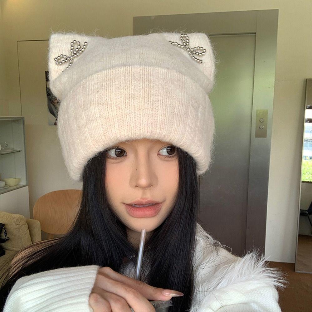 Bow Knitted Pullover Hat Fluffy Winter Wool Hat Keep Warm Cat Ears Beanie Hat  Girls