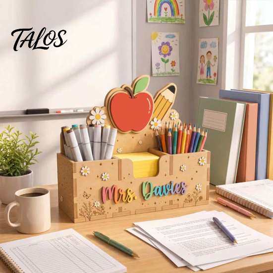 Natürlicher Holz-Stiftebecher, Schreibwaren-Aufbewahrungsständer mit drei Fächern, Cartoon-Muster-Dekor, Stabiler Holz-Klassenzimmer-Organizer für Stiftehalter,