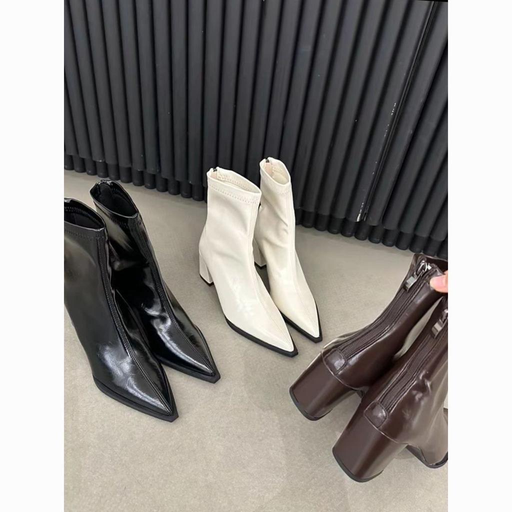 Women's Heel and High Heel Martin Boots Mid-Pointed Boots Seasonal Thick Heel Short Boots Women's Rear Zip Bare Boots