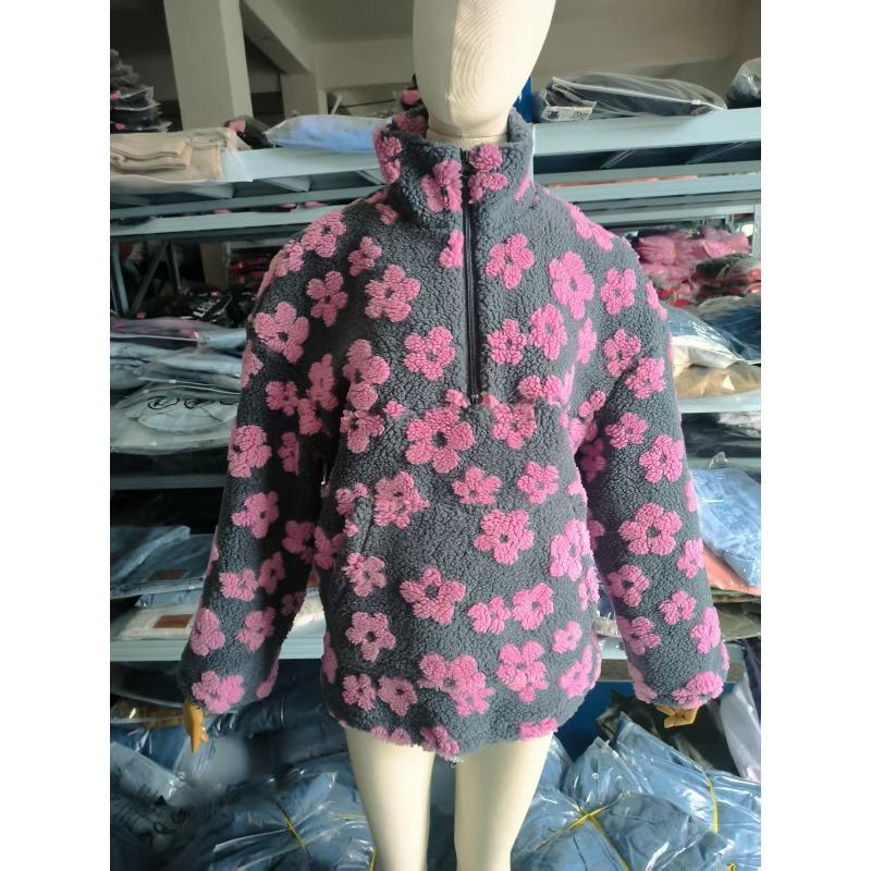 Autumn Winter Women's Sherpa Floral Pullover Hoodies Half Zip Style Loose Fit Warm Stylish Sweatshirt