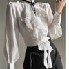 Deeptown White Ruffles Elegant Vintage Women Blouses Black Y2k Victorian Gothic Long Sleeve Stand Collar Shirts Loose Preppy Without Accessories