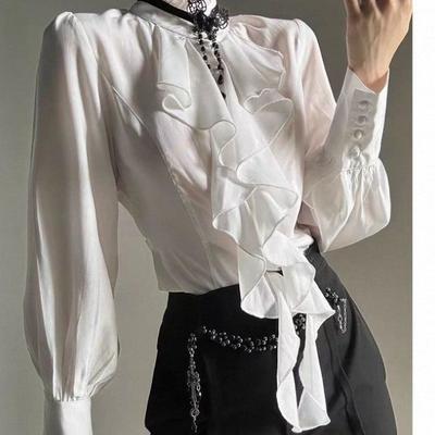 Deeptown White Ruffles Elegant Vintage Women Blouses Black Y2k Victorian Gothic Long Sleeve Stand Collar Shirts Loose Preppy Without Accessories