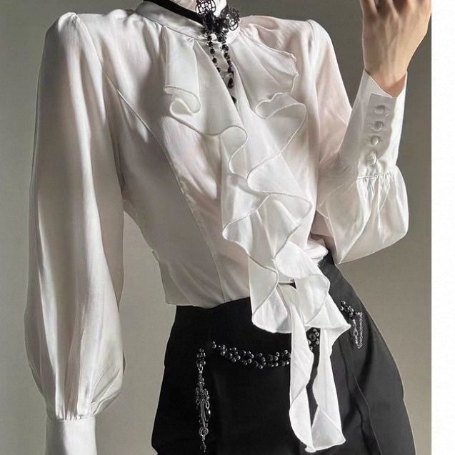 Deeptown Camicette Eleganti Vintage da Donna con Volant Nere Y2k Vittoriane Gotica Manica Lunga Collo Alto Camicie Larghe Preppy Senza Accessori
