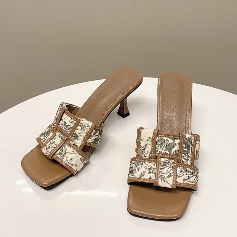 

fashion Fashion Weave Pumps Elegant Women Heeled Shoes New In Outdoor Shallow Ladies High Heels Sandals Slides Female Footwear 35 хаки