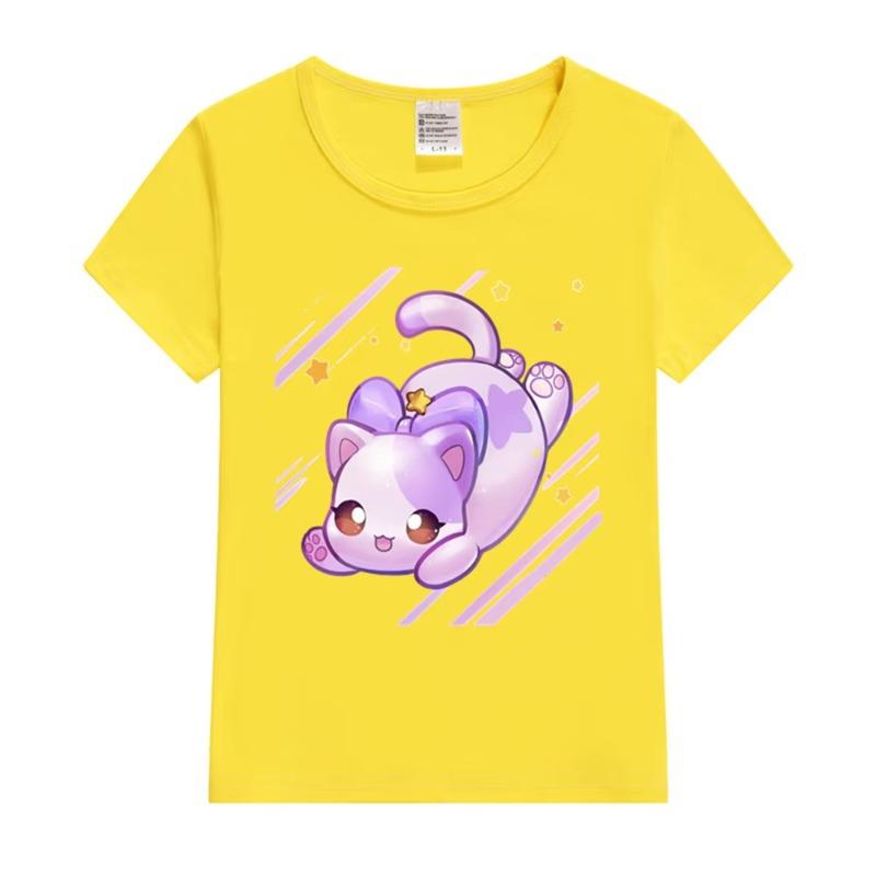 

Cute Kitten Print Short Sleeve Round Neck Comfortable Top Soft Fabric 2026 Summer Kids T-Shirt Aphmau Cartoon 160