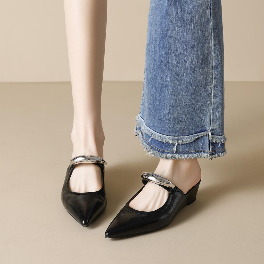 Height-increasing Bag Head Half Slippers Women's Summer Outer Wear Wedged Heels Pointed Shoes Sandals Women