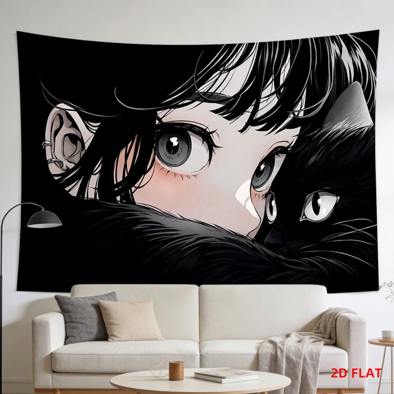Cozy Anime Girl with Cat Tapestry, Aesthetic Wall Art for Bedroom, Living Room, Office & Meditation Space Decor