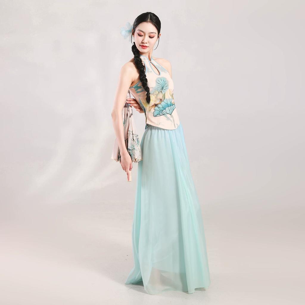 Women's Chinese Classical Dance Lotus Print Halter Costume, Flowy Chiffon Skirt For Umbrella Dance Performance & Practice