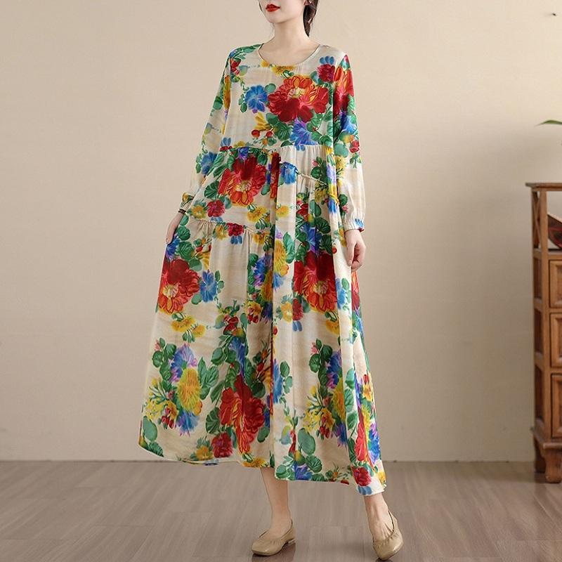 Long sleeve plus size vintage floral new in dresses for women casual loose spring autumn dress