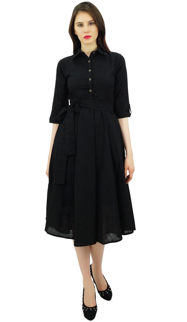 Bimba Women's 3 4 Sleeve Linen Collar Neck Solid Flared Shirt Dress with Side