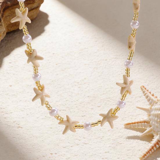Colar Estrela-do-Mar Bohemia Pérola Falsa Leve Hipoalergênico Feminino Pingente de Concha Corrente Dourada Colar Joia de Pescoço Praia Oceânica