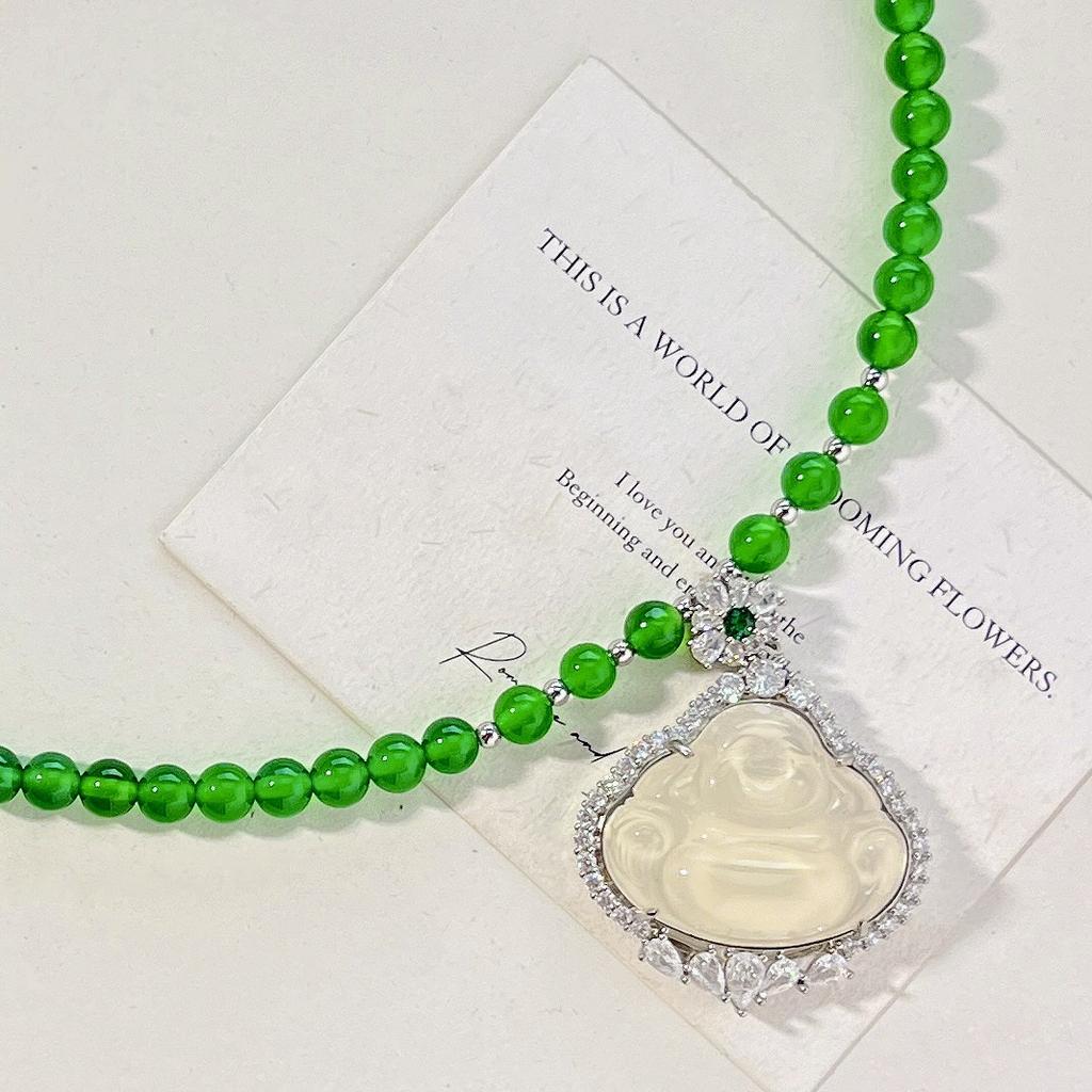 High Quality Natural Freshwater Pearl Ice Transparent Green Chalcedony White Chalcedony Buddha Gong Sweater Chain Necklace