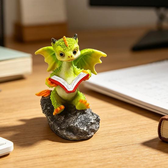 Dragon Figurine Cute Resin Dragon Reading Statue Miniature Fairy Garden Ornaments for Terrarium Micro Landscape DIY Crafts