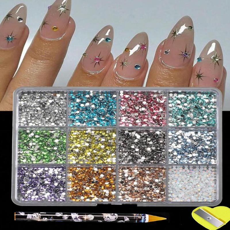 12Grids Sparkle 3D Nail Art Rhinestones+Tools 2Mm Brilliant Diamond Nail Charms Nail Decoration Manicure Accessory