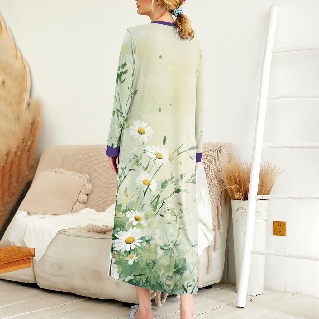 Damska koszula nocna, modna, drukowana, długa, szlafrokowa, piżama z dekoltem w serek i kieszeniami