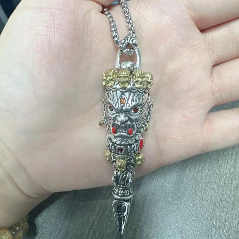 Vintage Copper Plated Fudo Myoo Vajra Pendant Necklace Men Ethnic Retro Style Bold Statement Jewelry