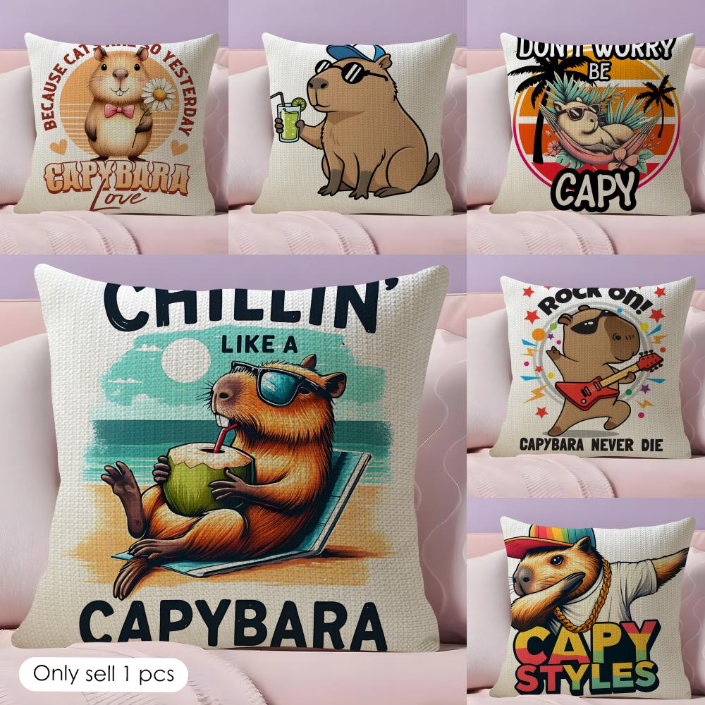 Cute Capybara Cushion Cover Natural Linen Pillow Case DoubleSided Print Decorative Sofa Pillowcase Home Decor Gift