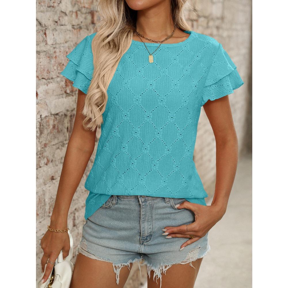 Damen Sommer Neuer Stil Einfarbig Rundhals Süß Kurzarm T-Shirt Ausgehöhltes Oberteil