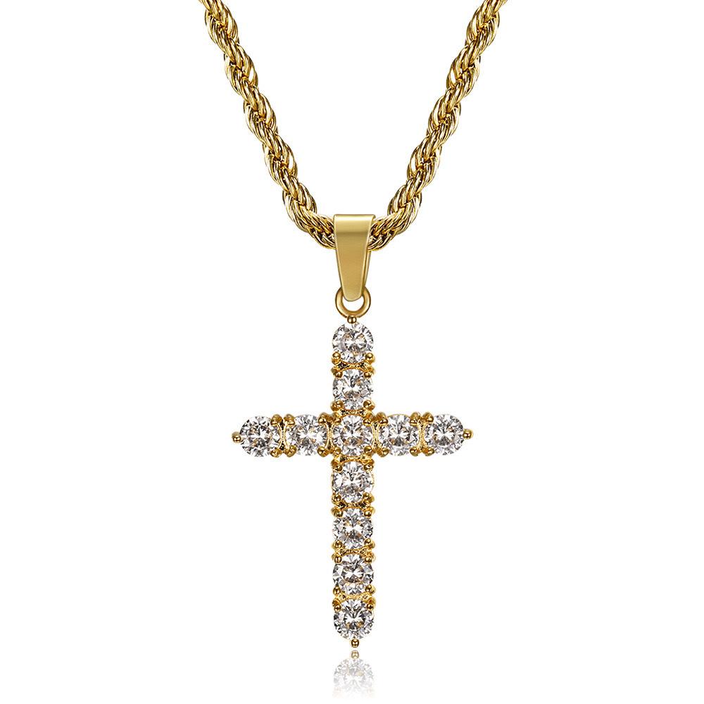Hot-selling Hip Hop Jewelry Titanium Steel Gold-plated Zircon Cross Pendant Necklace