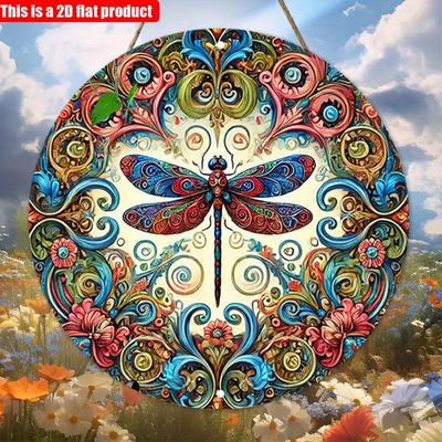 2D plat 20*20cm1pc Libellules aux couleurs vives et motifs de Fleurs en forme de Cœur Panneau Rond, Décoration Murale Colorée pour Bar Café Club Cour Maison