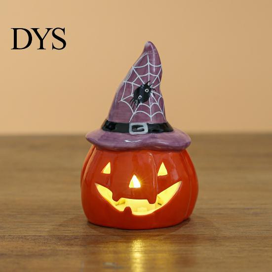 Ceramic Ghost Pumpkin Light Halloween Tealight Holder, Lighted Figurine with Indoor Party Atmosphere Lamp Witch Hat, Tiered Tray Tabletop Decor