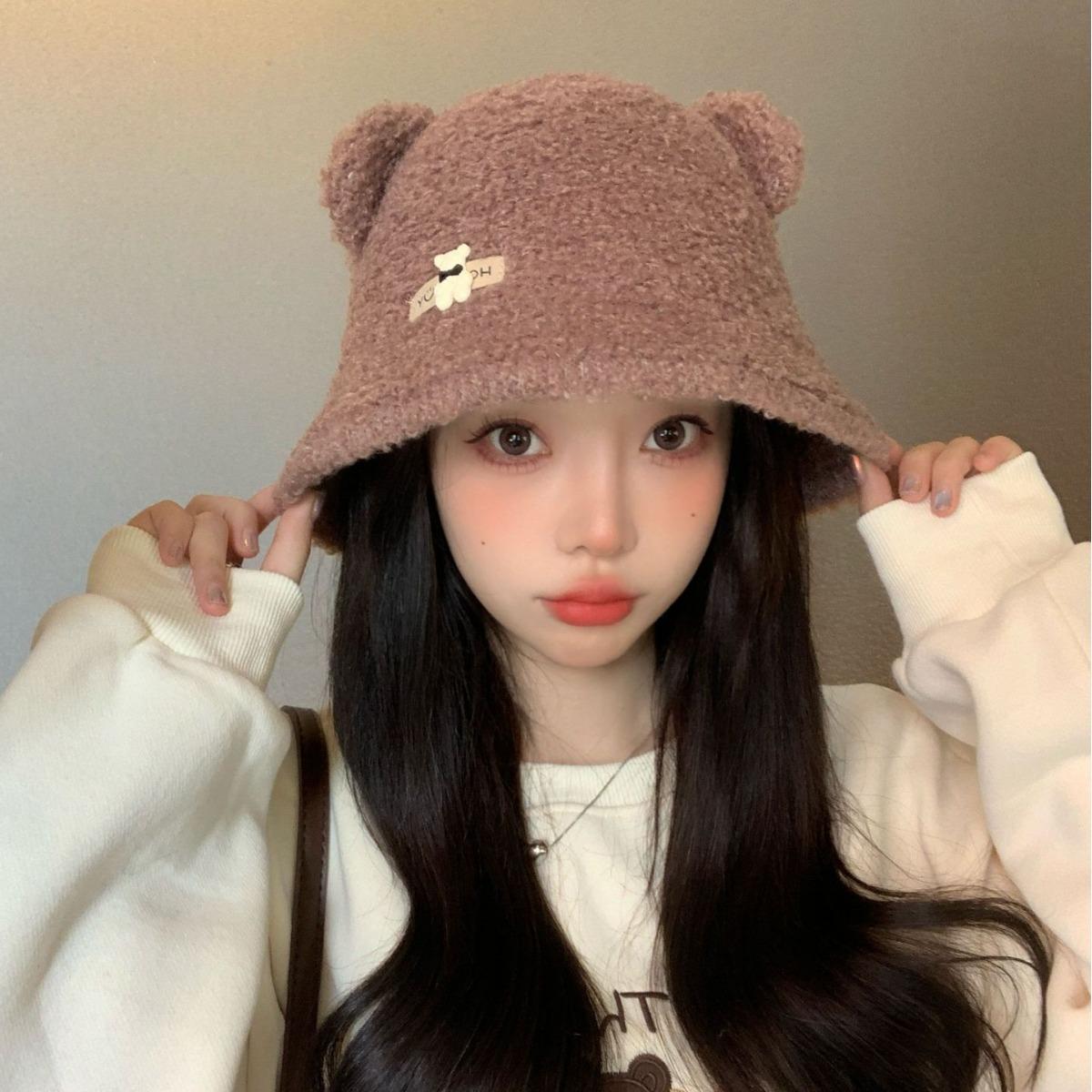 

New Autumn and Winter Hat for Women Cute Little Bear Imitation Lamb Velvet Fisherman Hat Warm In Winter To Show The Face Small Pot Hat Trendy one size