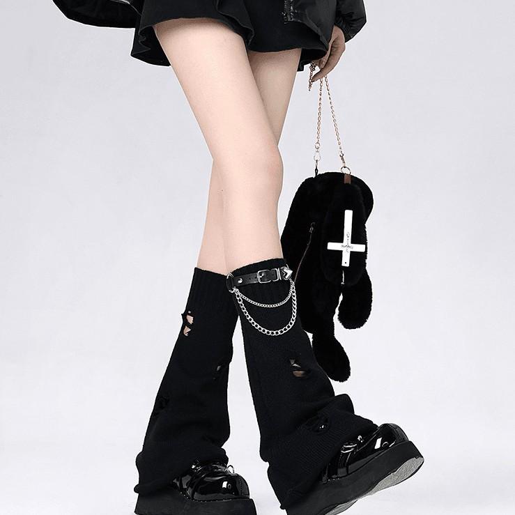 Leather Buckle Knitted Sock, Women's Black Ripped Leg Covers, Flared Personalized Leg Loops, Pile Mid-calf Socks, Stockings