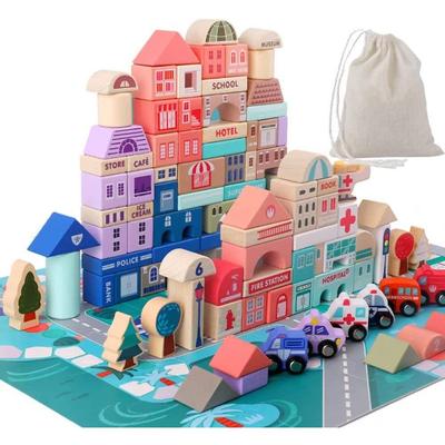 115pcs Wooden Building Blocks Set,City Construction Stacker Stacking Preschool Learning Educational Toys, Toddler Toys for 3+ Year Old Boy Girl Gifts