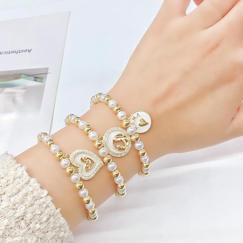 Hot Sale Zircon Shell Mother Theme Copper Bead Pearl Chain Bracelet Fashion for Women Mom Holiday Mother's Day Jewelry Gift